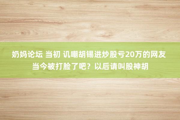 奶妈论坛 当初 讥嘲胡锡进炒股亏20万的网友 当今被打脸了吧？以后请叫股神胡